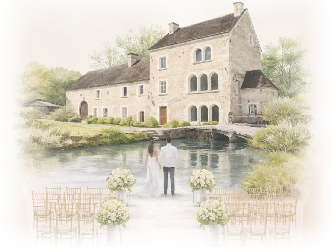 Aquarelle de l'Orangerie du Moulin : la maison de pierre au bord de l'eau, les mariés de dos face aux chaises de la cérémonie.